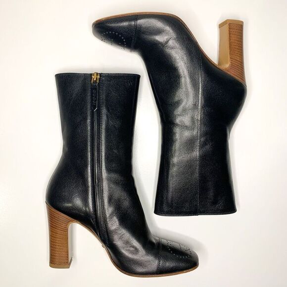Gucci Quentin GG Cap Toe Ankle Boot EU 37 US 7 Black Leather Block High Heels - Picture 6 of 11